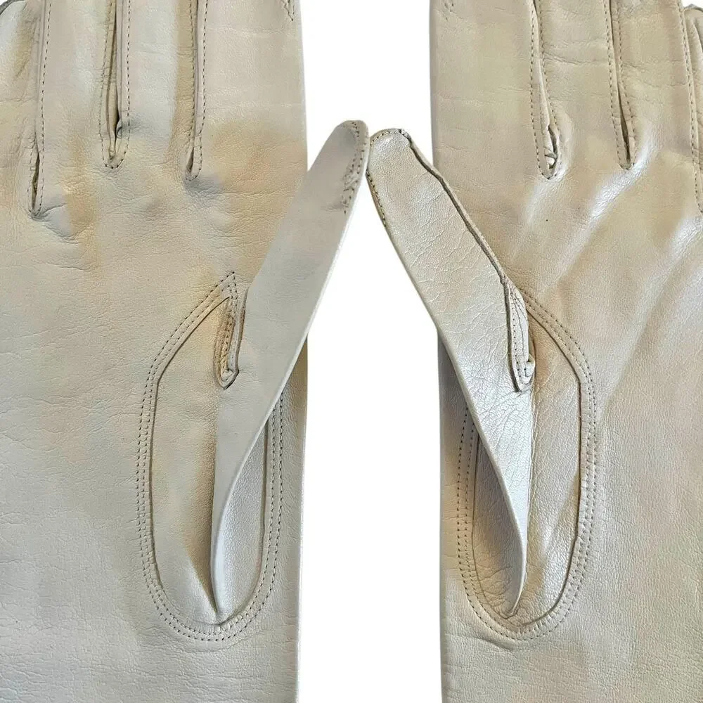 Vintage Kidskin Bone White Italian Leather Forearm Long Evening Gloves Sz 6/6.5